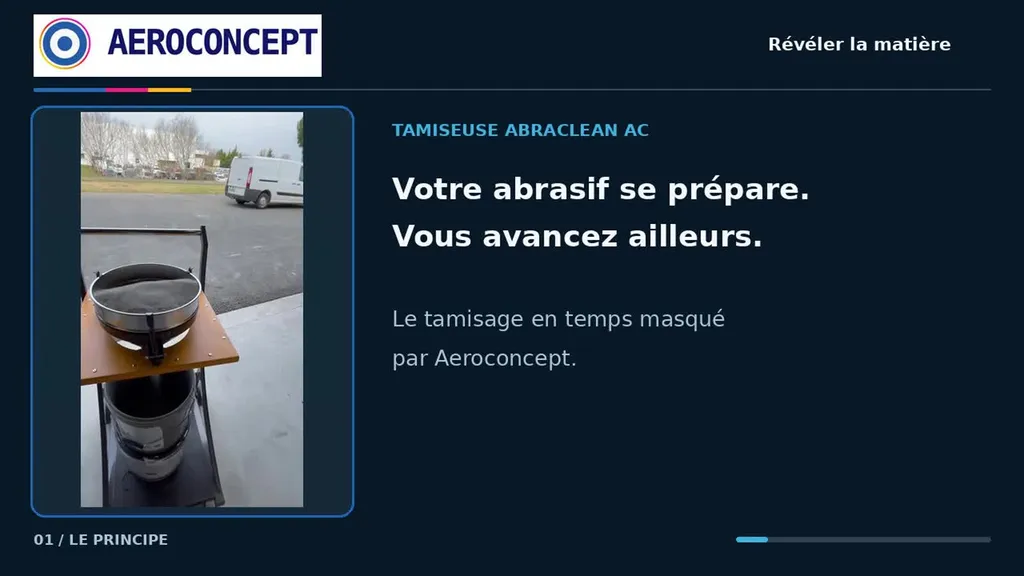 Tamiseuse automatique AbraClean AC Aeroconcept : tamisage des abrasifs en temps masqué