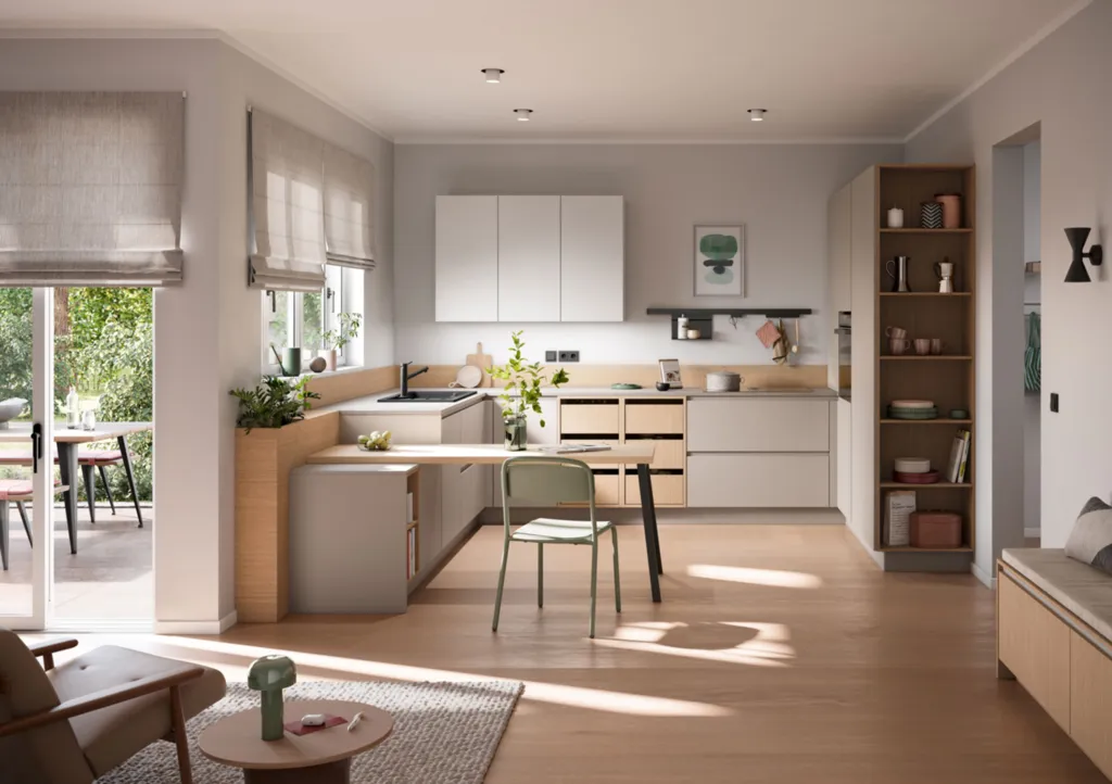 Cuisine Beige & Bois : design minéral et élégance apaisante avec coin repas et touches décoratives