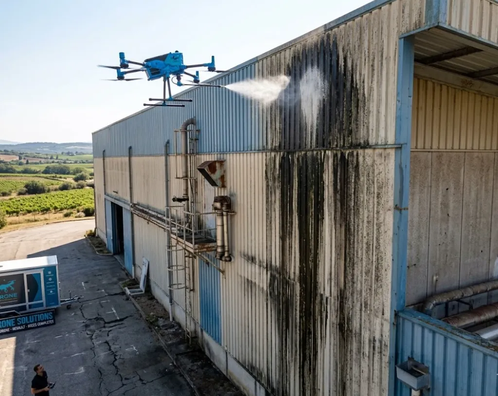 Nettoyage de façades et bardages par drone pour les bâtiments professionnels exposés aux salissures extérieures à St jean de vedas ou proche de Montpellier Hérault dans toute l'Occitanie 