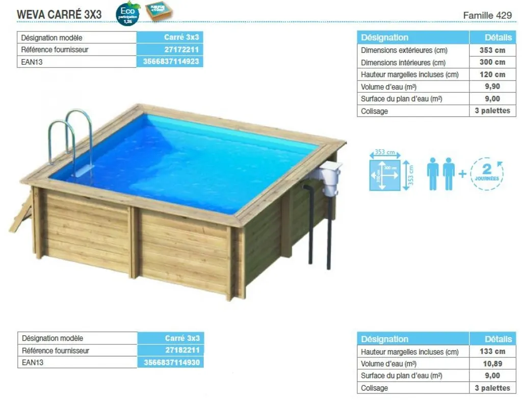 Piscine bois carré 3m x 3m proposée par Aquarev'Piscines à Manosque 04100