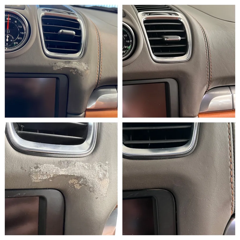 Repigmentation d’un siège de Porsche abîmé, près du Mans en Sarthe.