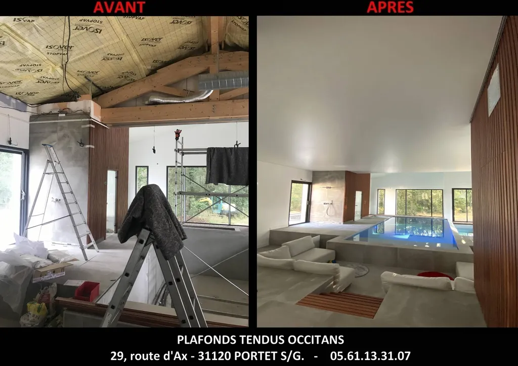 Plafond tendu blanc mat dans piscine intérieure chantier sur Cornebarieu