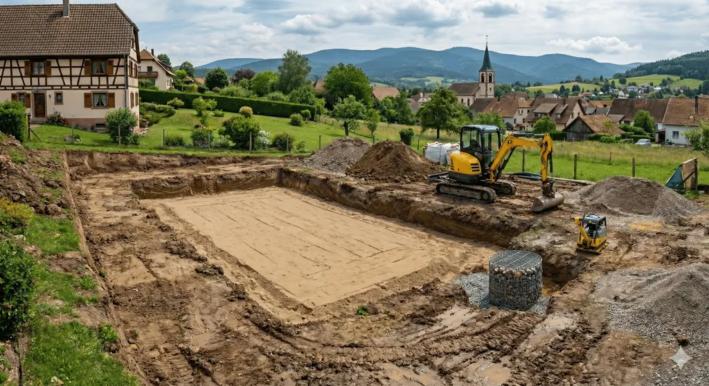 Terrassement pour installation de piscine coque polyester avec décaissement précis mise à niveau et remblaiement adapté pour bassin résidentiel à Schirmeck proche Molsheim dans le Bas-Rhin 67130