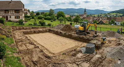Terrassement pour installation de piscine coque polyester avec décaissement précis mise à niveau et remblaiement adapté pour bassin résidentiel à Schirmeck proche Molsheim dans le Bas-Rhin 67130