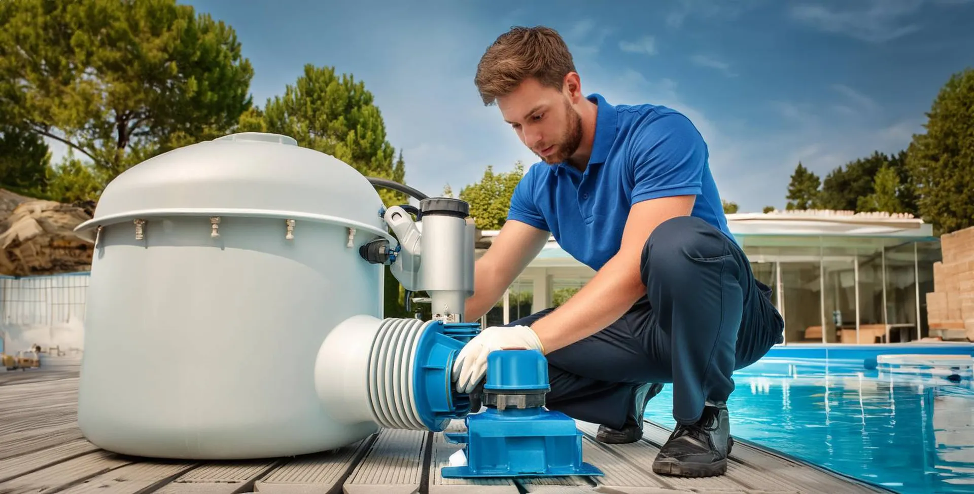 technicien sav alliance piscines 83 qui vient aider ses clients pour une remise en route réussîte