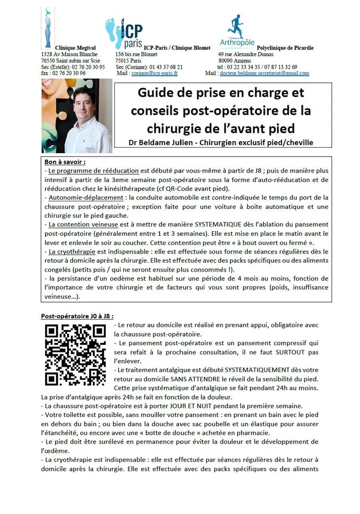 Guide sur la prise en charge post-opératoire de la chirurgie de l'avant pied, publié par le Docteur Julien Beldame, chirurgien du pied et de la cheville à l'ICP Paris