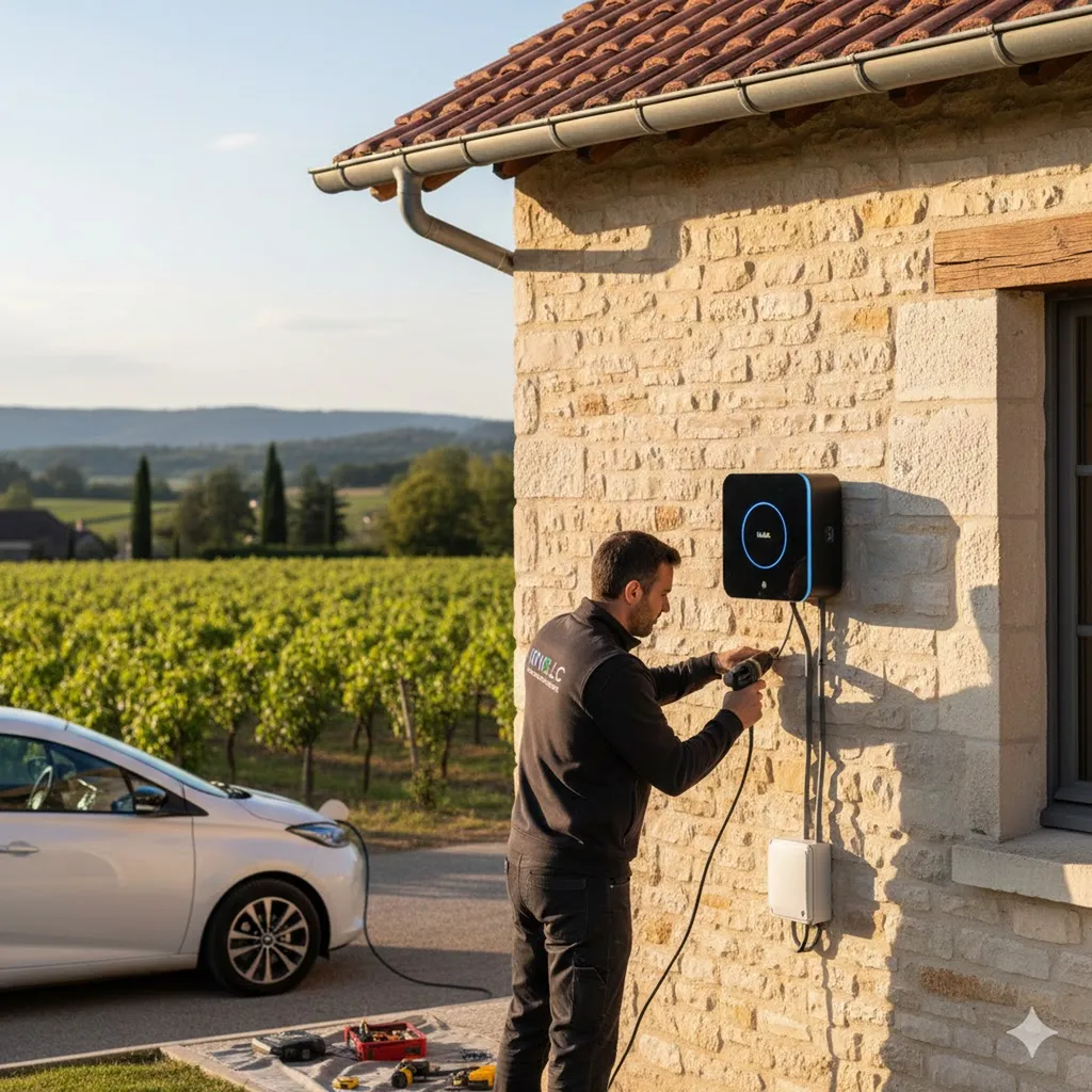 Artisan IRVE installant une borne de recharge Wallbox sur un mur extérieur d'une maison individuelle près de Bordeaux