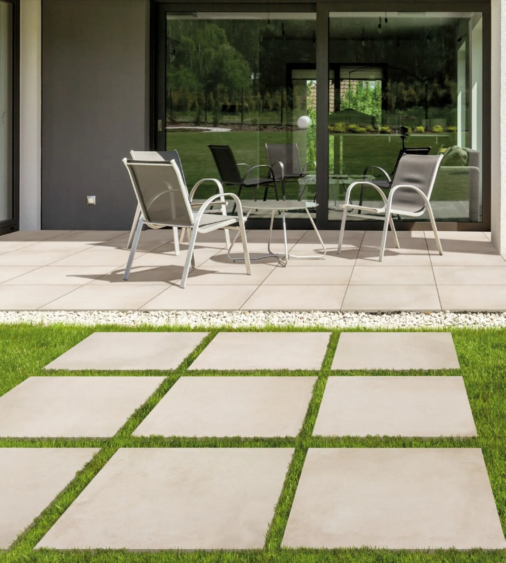 Le carrelage terrasse aspect béton rectifié de la série BETON est parfait pour une pose sur plots dans votre jardin entre Rouen et Dieppe.