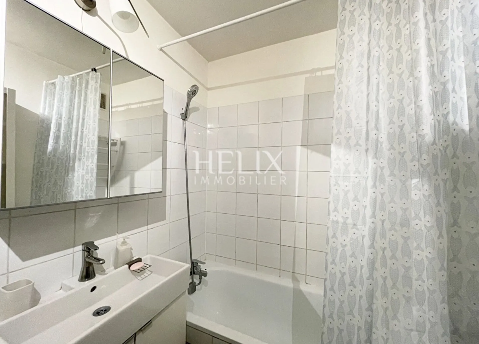 Salle de bains avec baignoire et rangements 