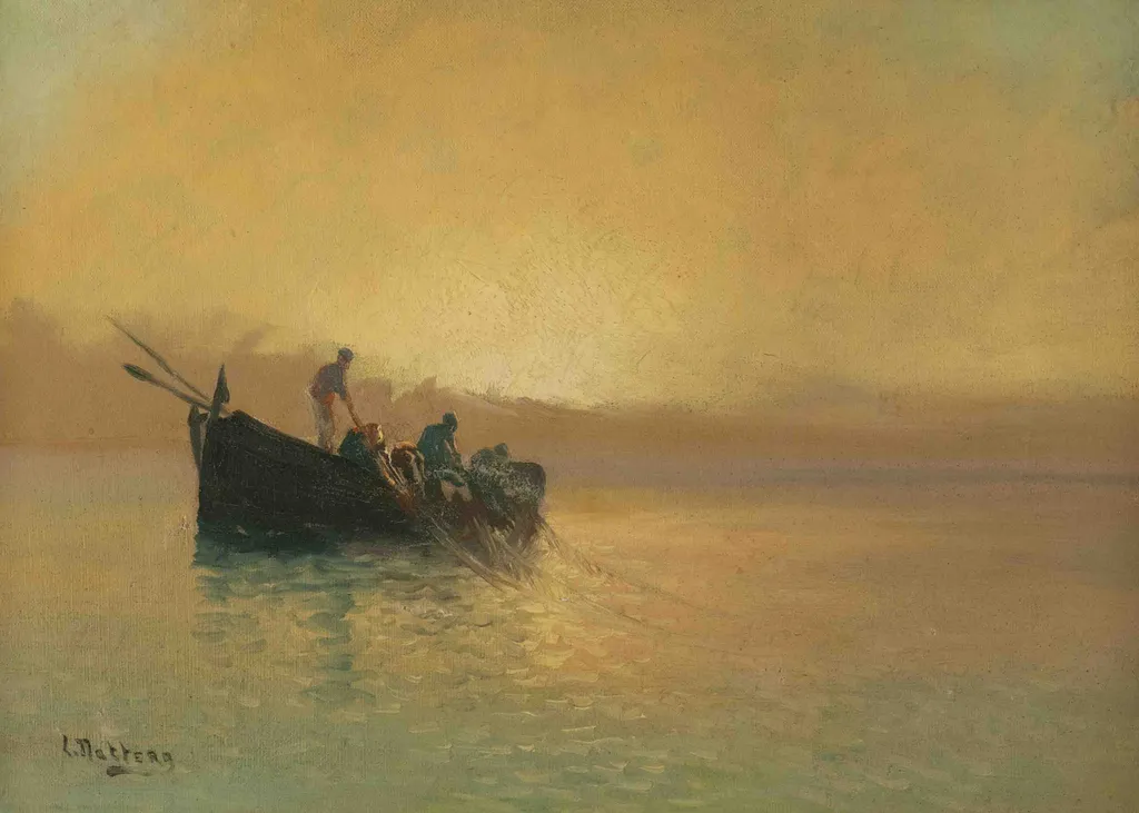 Louis NATTERO, Scène de pêche au couchant, huile sur toile