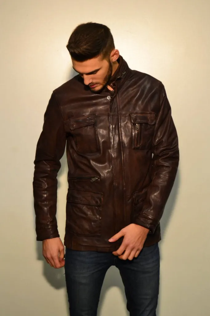 veste saharienne cuir marron homme