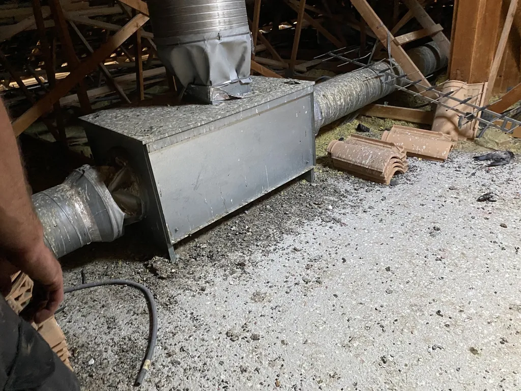 Mise en place d’un dispositif anti pigeon sur le toit de cet immeuble à Vitrolles (13) suite à une infestation de pigeons dans les combles