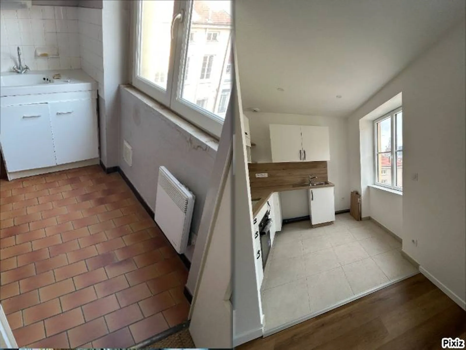 Cuisine avant/après rénovation globale énergétique d'un appartement en location à Lyon