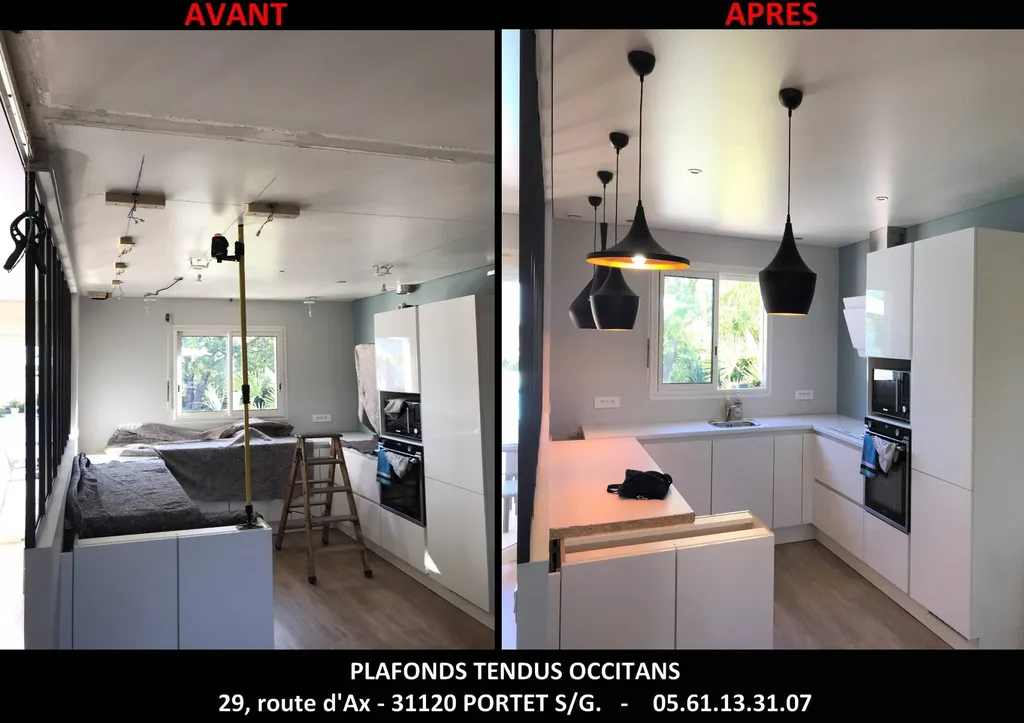 AVANT - APRES plafond tendu blanc mat cuisine - SALVETAT ST GILLES
