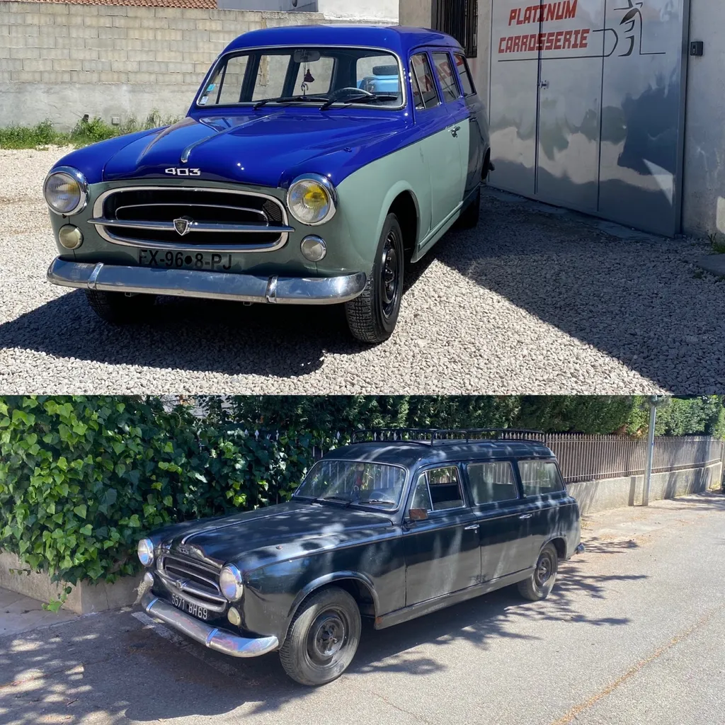 Restauration carrosserie d'une Peugeot 403 chez Platinum Carrosserie a Carnoux 13470 avec franchise offerte