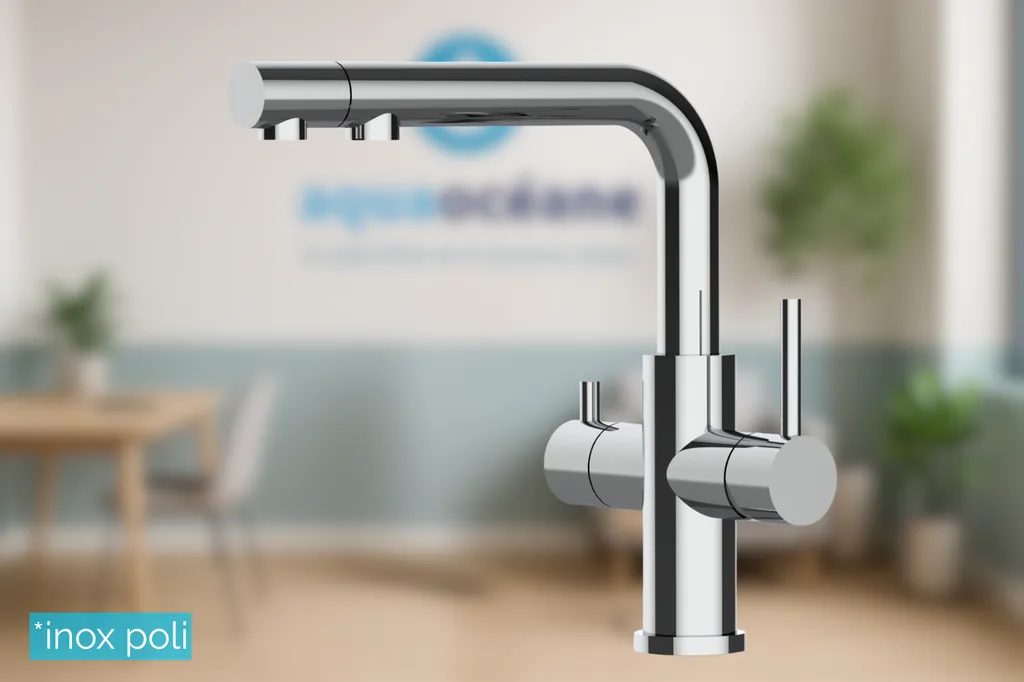 Robinet filtrant PURE LINE 3 voies en acier inoxydable pour eau froide filtrée et eau chaude et froide du réseau.
