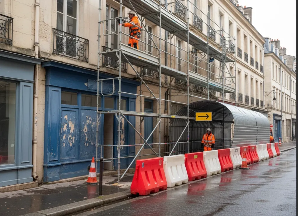 Échafaudage de façade installé sur trottoir avec balisage, passage piéton protégé et organisation conforme aux contraintes d’occupation temporaire du domaine public.
