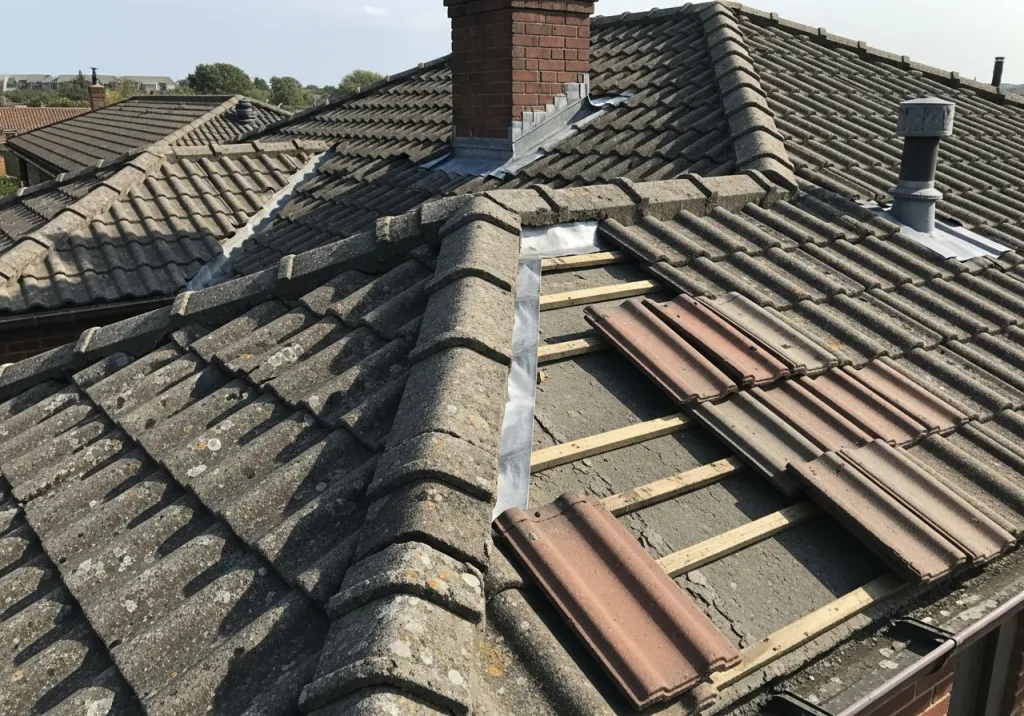 Réparation de toiture tuiles béton avec remplacement ciblé et étanchéité autour des points sensibles