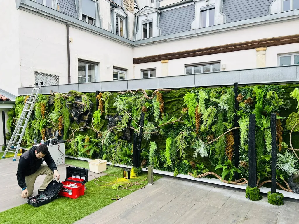 Réalisation mur végétal dans space avec spa
