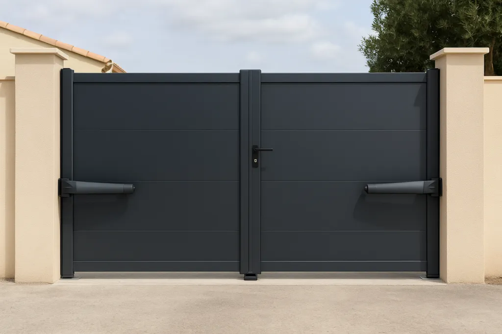 Installation de portail battant en aluminium motorisé avec serrure connectée et finition gris anthracite à Frontignan 34110