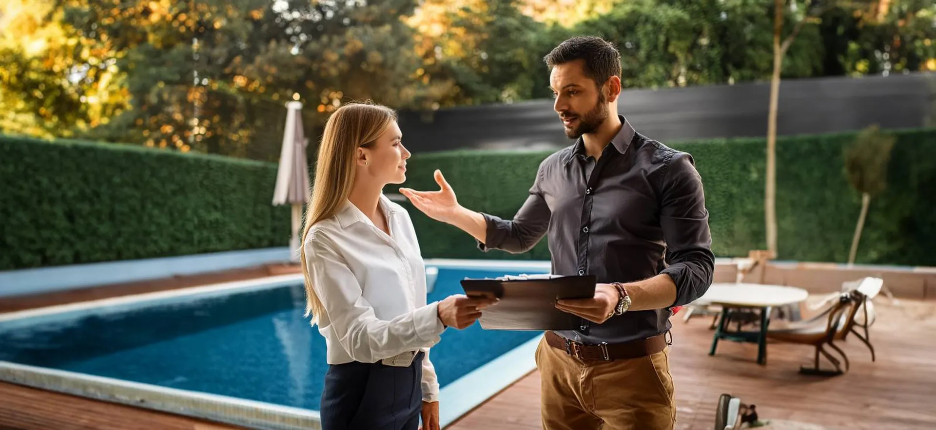 Commercial répond aux questions de ses clients concernant sa piscine