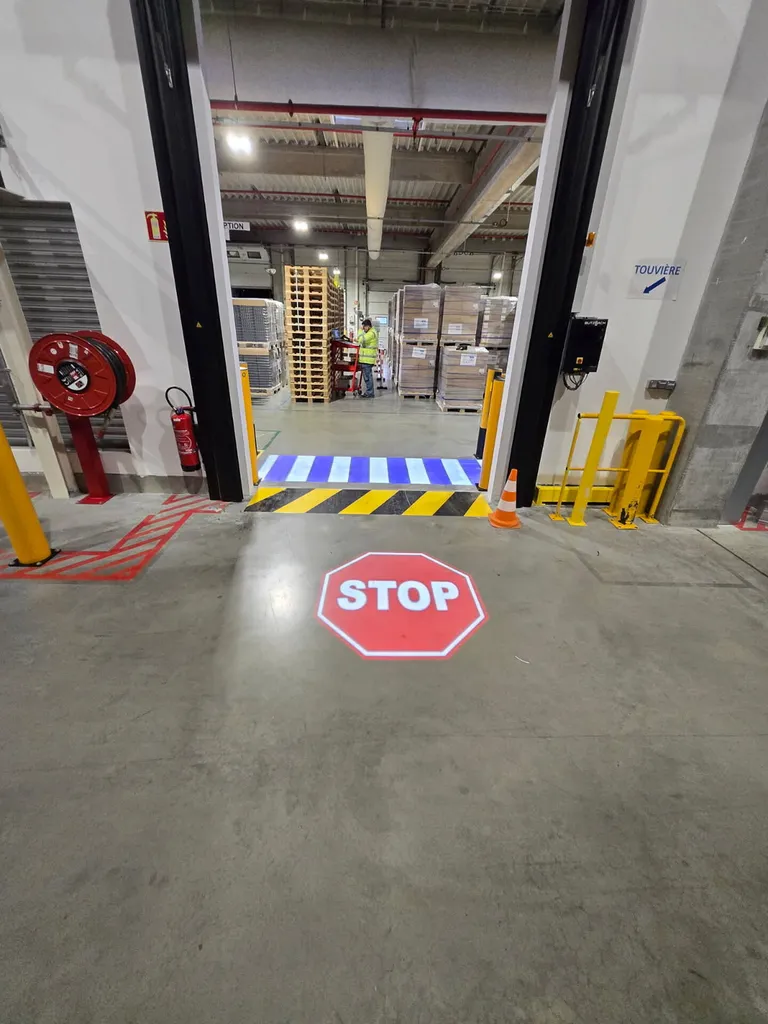 Passage piéton lumineux avec STOP projeté au sol | Sécurité industrielle