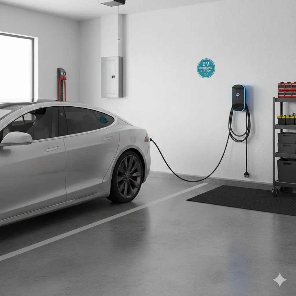 une borne de recharge pour voiture électrique installé dans un garage