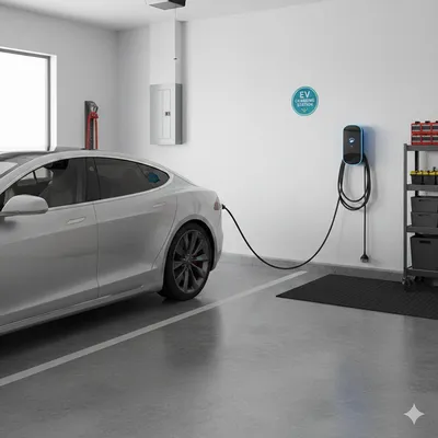 une borne de recharge pour voiture électrique installé dans un garage