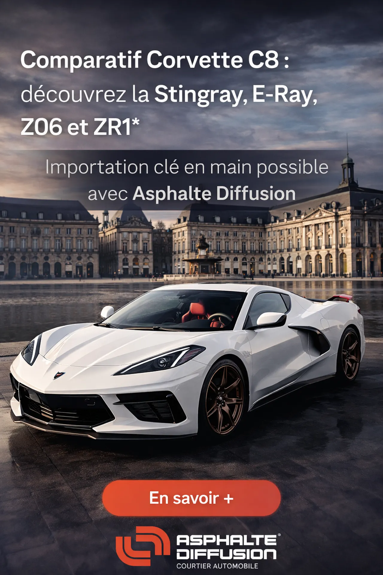 Comparatif Corvette C8 Stingray E-Ray Z06 ZR1 : guide complet et importation en France avec Asphalte Diffusion