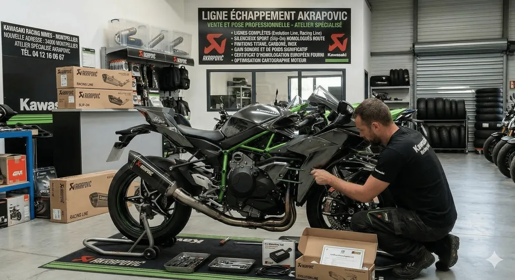 Vente et pose professionnelle de ligne échappement Akrapovic complète et silencieux sport homologué route en atelier moto spécialisé à Montpellier 34000 dans l'Hérault