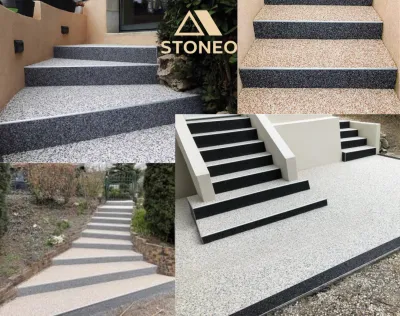 Des escaliers et murettes design et résistants à proximité de Montélimar, la moquette de pierre STONEO à base de marbre résiné haute performance rénove vos marches à Chateauneuf-du-Rhône, Alba-La-Romaine, Rochemaure et partout dans le 26, 07 et 38