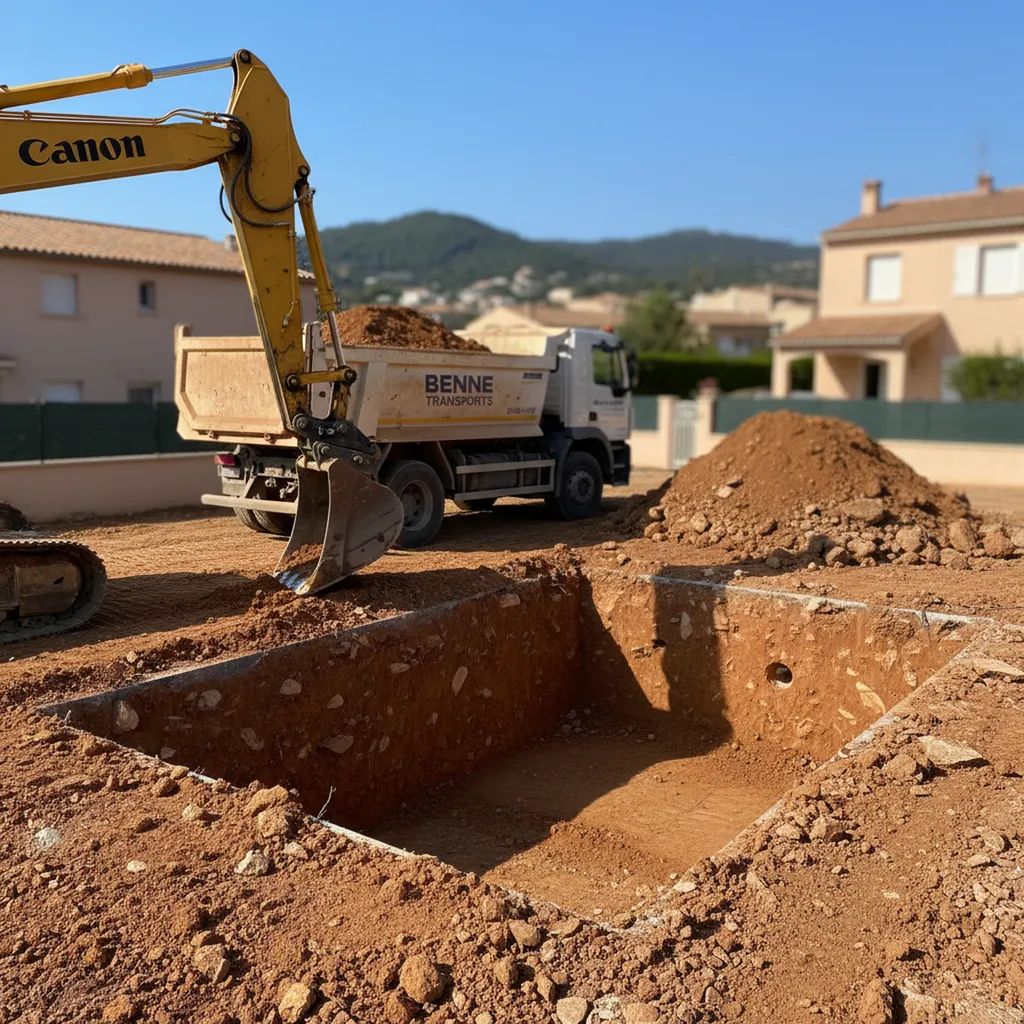 Entreprise terrassement pour piscine enterrée ou semi-enterrée à La Valette-du-Var vers La Garde : creusement au godet trapèze et évacuation par camion benne vers Toulon