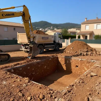 Entreprise terrassement pour piscine enterrée ou semi-enterrée à La Valette-du-Var vers La Garde : creusement au godet trapèze et évacuation par camion benne vers Toulon