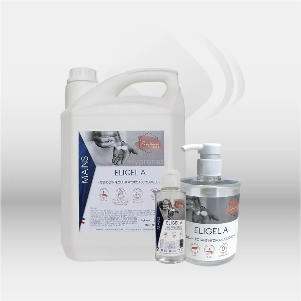 Gel hydroalcoolique Eligel A pour désinfection rapide des mains en milieu professionnel, idéal pour collectivités, restaurants et établissements de santé, offrant une solution efficace sans rinçage pour garantir une hygiène optimale au quotidien – disponi