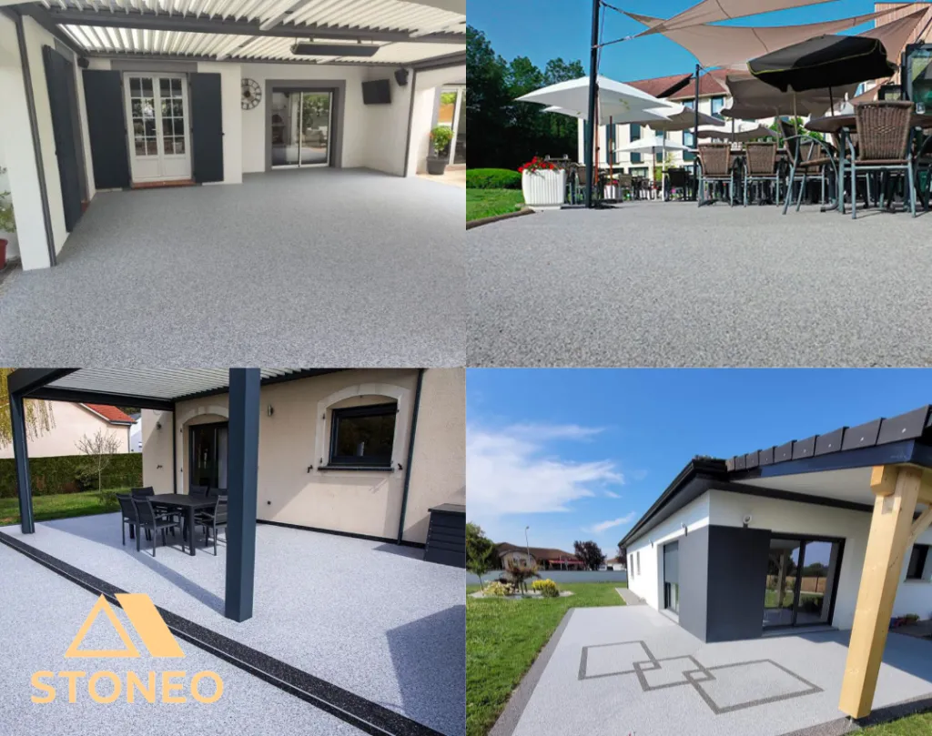 Optez pour une terrasse d'exception à Mours-Saint-Eusèbe près de Romans sur Isère dans la Drôme 26 grâce à la moquette de pierre STONEO, un mélange de marbre et résine qui crée des sol esthétiques aux qualités multiples