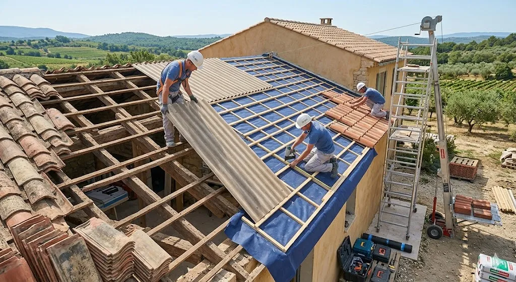 Réfection de charpente avec enlèvement de tuile, pose de PST et pose de tuile de couverture et pose de liteaux avec écran sous toiture pour un client à Rians
