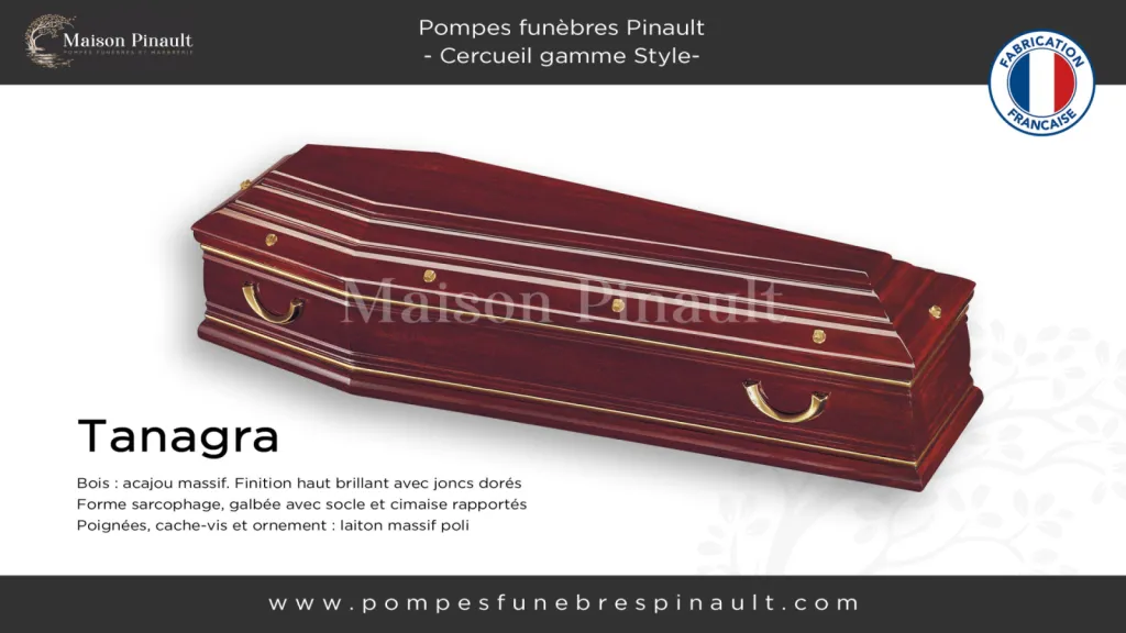 cercueil Tanagra gamme style forme tombeau simple acajou laqué brillant joncs dorés Pompes funèbres Pinault