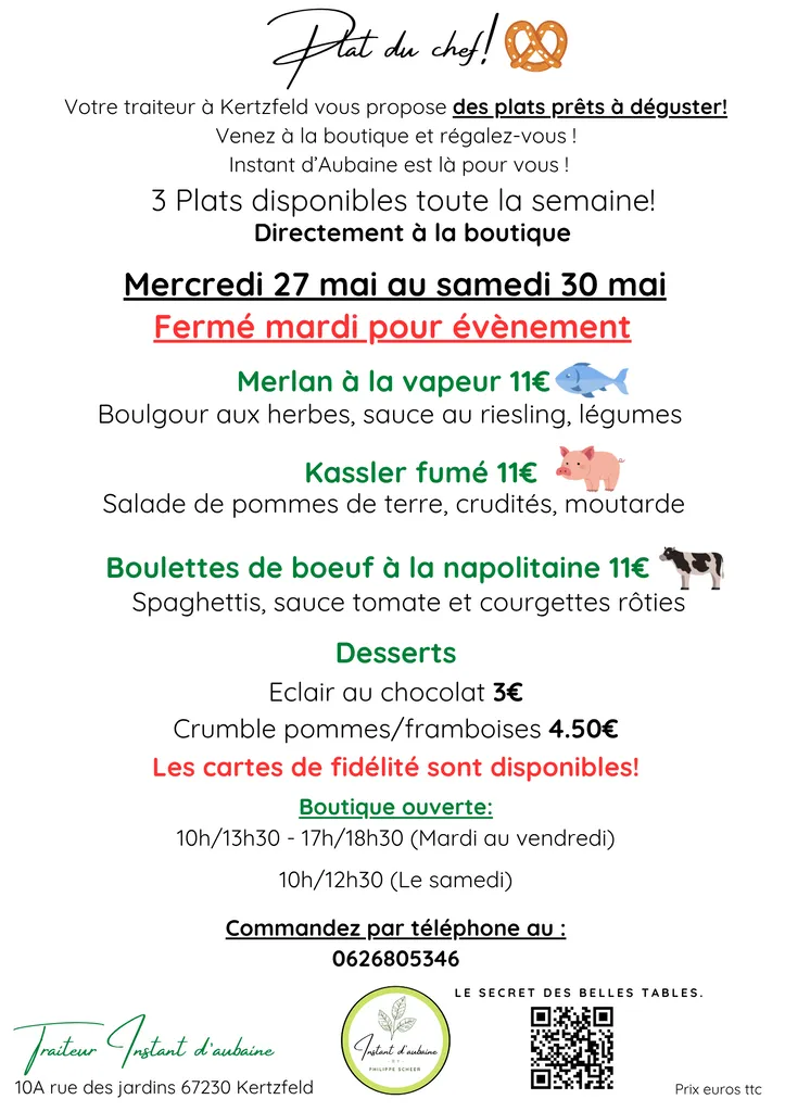 Plats du jour à Kertzfeld du 27 au 30 mai – Traiteur proche de Benfeld