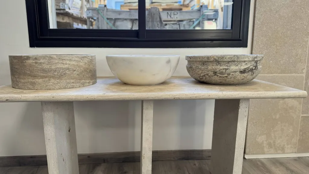 VASQUE TRAVERTIN SILVER ET MARBRE RONDE AU FORMAT 40.6 CM DIAMETRE