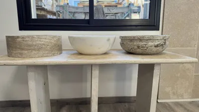 VASQUE TRAVERTIN SILVER ET MARBRE RONDE AU FORMAT 40.6 CM DIAMETRE