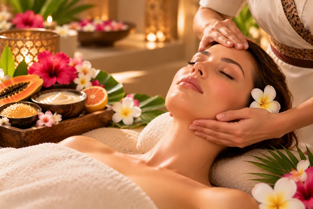 Femme recevant un soin du visage dans une ambiance balinaise, avec fleurs tropicales et fruits exotiques, illustrant le soin Perfecteur Éclat CINQ MONDES.