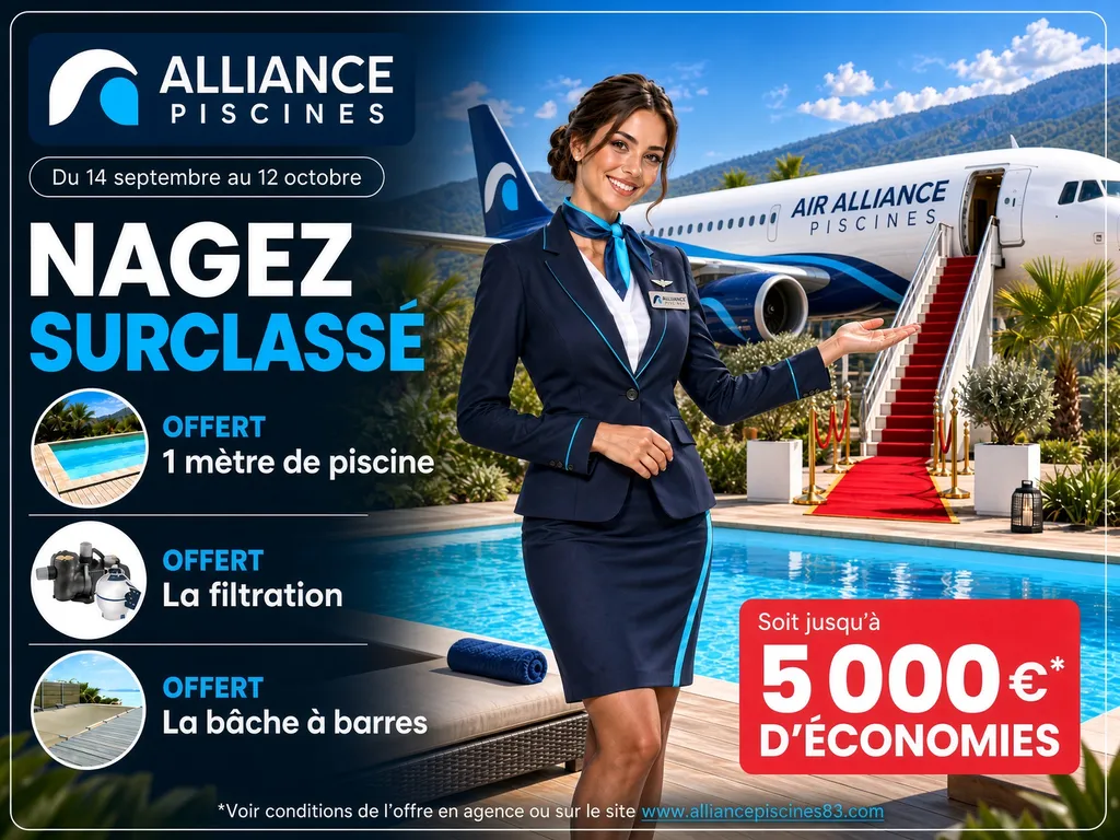 une hotesse de l'air de la compagnie air alliance piscines devant un airbus présente une promotion nagez surclassé