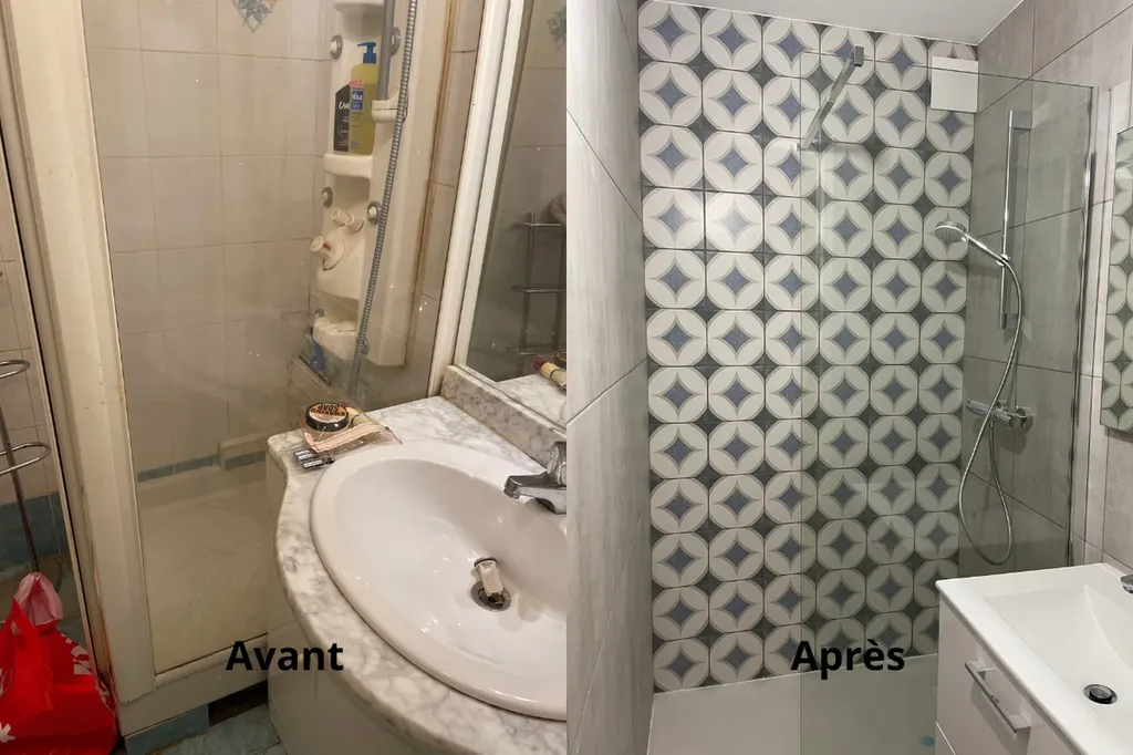 Avant / après de l’optimisation d’une petite salle de bain optimisée dans un appartement à Tassin-la-Demi-Lune