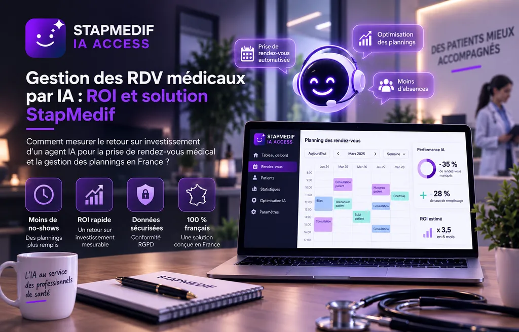 Gestion des rendez-vous médicaux avec STAPMEDIF : agent IA disponible 24h/24 et relais humain pour un accueil patient efficace.
