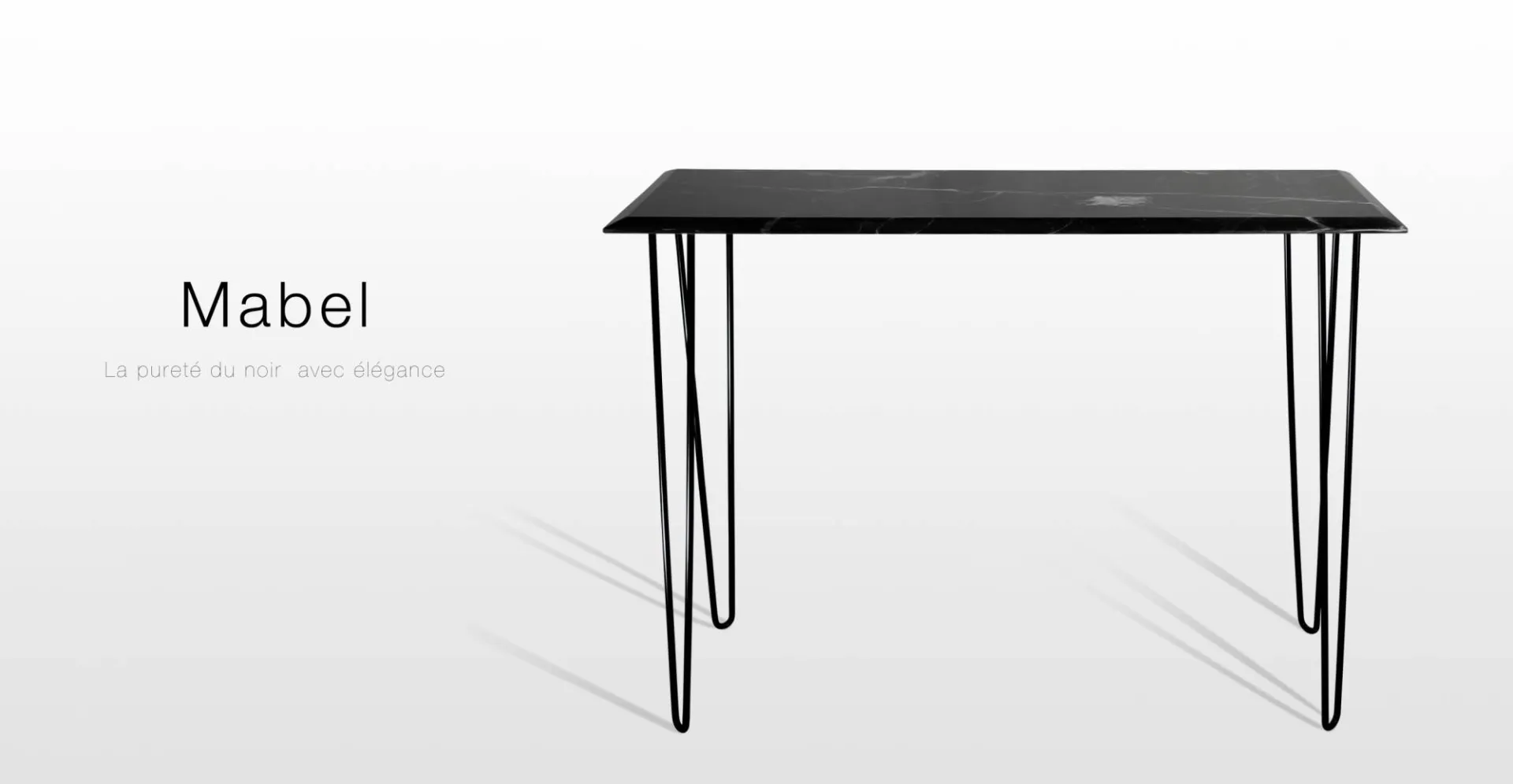 Mabel: console en mabre noir design, pieds tête d'épingle laqué noir mat
