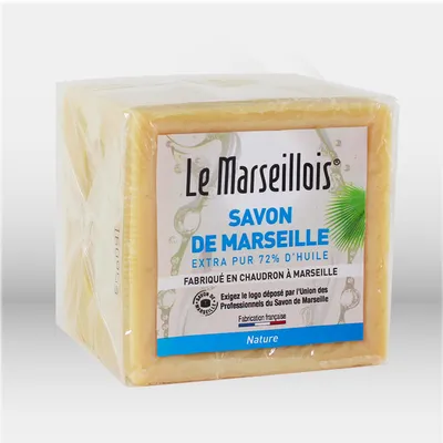 Véritable savon de Marseille Le Marseillois 300 g pour hygiène des mains, du corps et entretien du linge, offrant une solution naturelle, traditionnelle et efficace pour le nettoyage quotidien en milieu professionnel et domestique – disponible à Mont-de-M