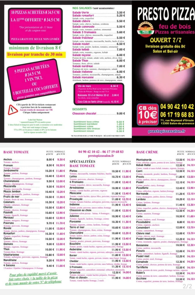 menu pizza  salon et bel air