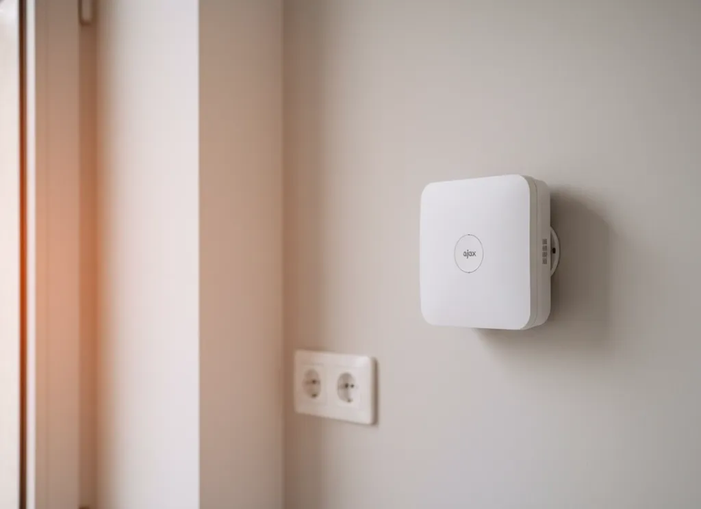 Hub central d’un système d’alarme intrusion professionnelle Ajax installé proprement dans un local d’entreprise à Nice ou dans les Alpes-Maritimes