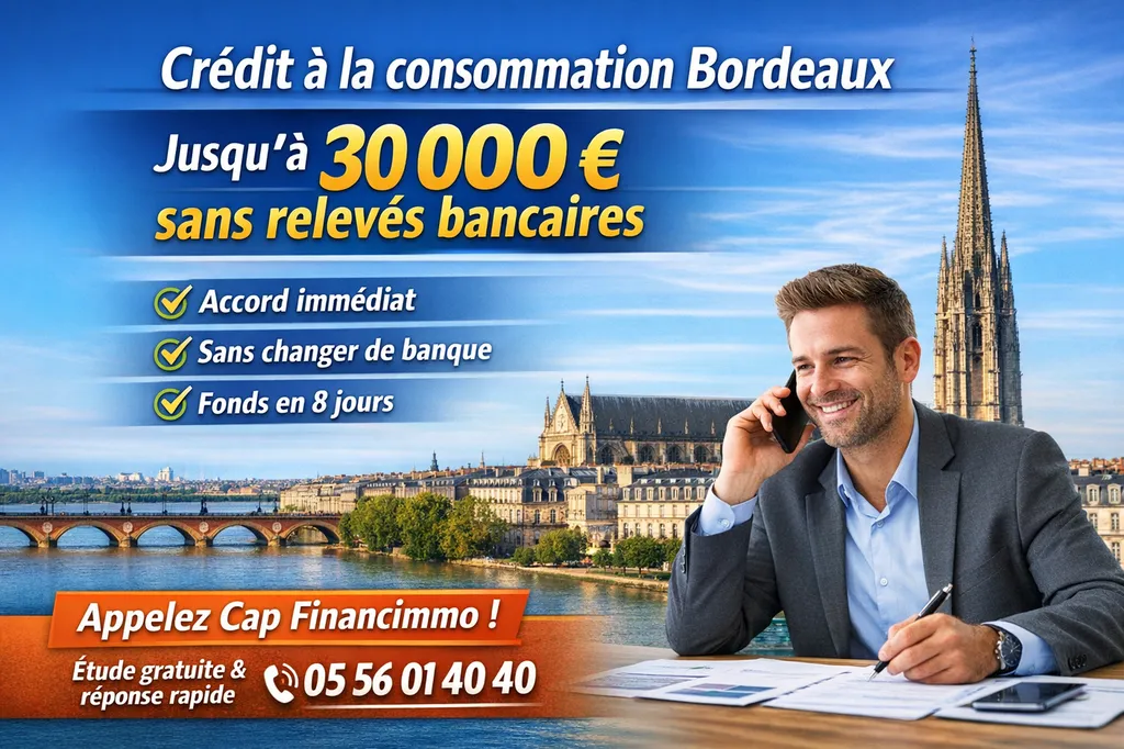 Crédit à la consommation Bordeaux : jusqu’à 30 000 € sans relevés bancaires, accord immédiat et sans changer de banque