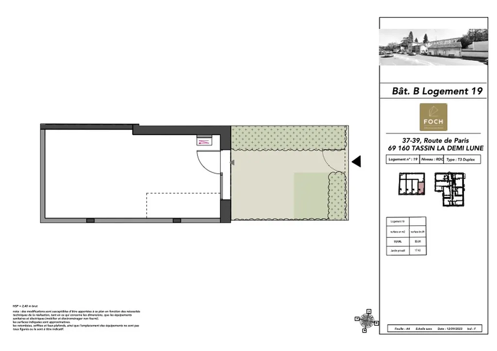 T3 duplex en plateau brut à aménager – 53,01 m² – rez-de-jardin avec extérieur – Villa Astra, Tassin-la-Demi-Lune